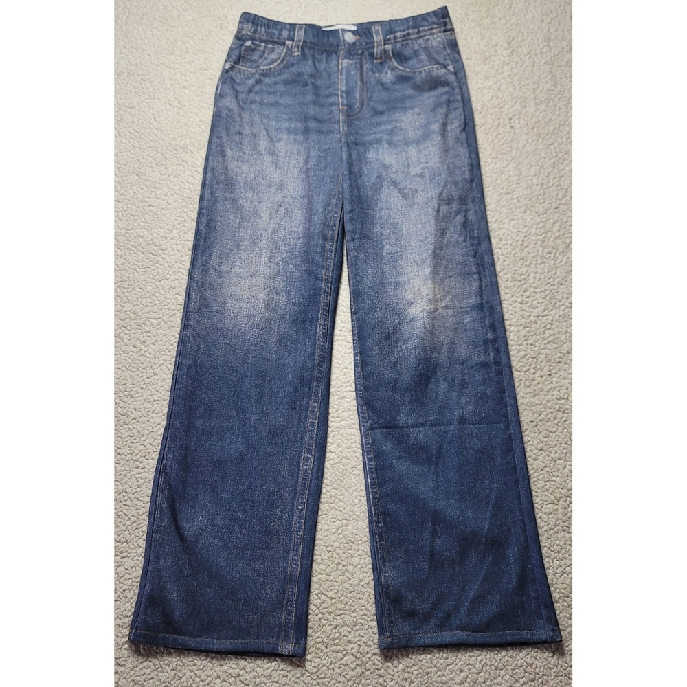 Mila Rosabella Denim Print Wide Leg Pants Womens Medium Blue Trompe L'oeil Knit
